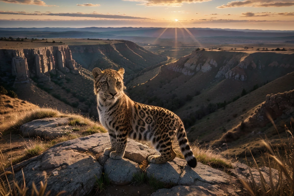 (best quality,4k,8k,highres,masterpiece:1.2),ultra-detailed,(realistic,photorealistic,photo-realistic:1.37),dawn,leopard perched on rugged cliff,overlooking vast grassland,dawn light casting long shadows,reflective eyes,soft sunlight,cinematic,illustration,high-definition,realistic fur texture,majestic,serene,ethereal,surreal,rich colors,warm tones,soft lighting