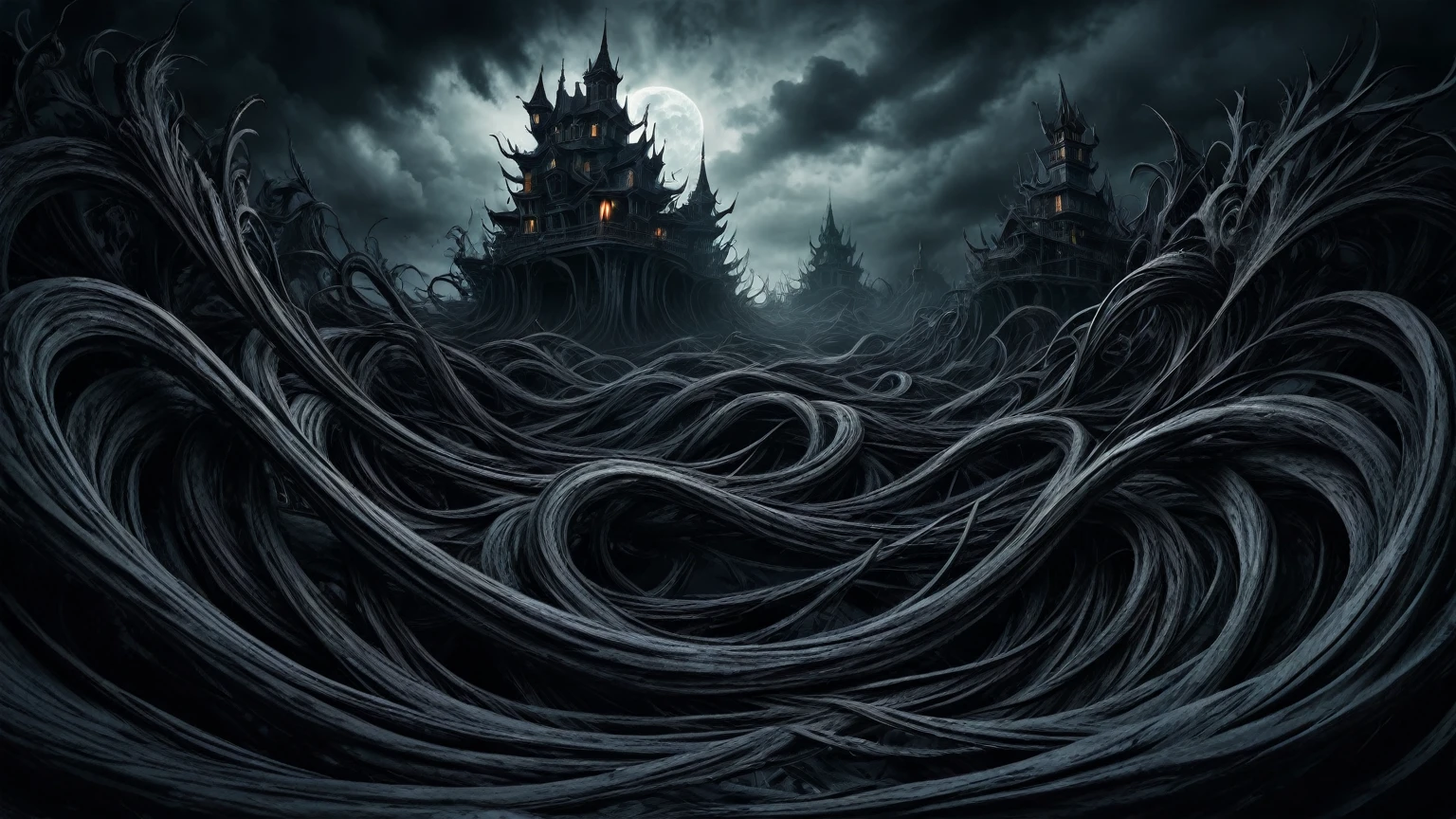 twisted And distorted dark realm of nightmares, panoramic background, horror
