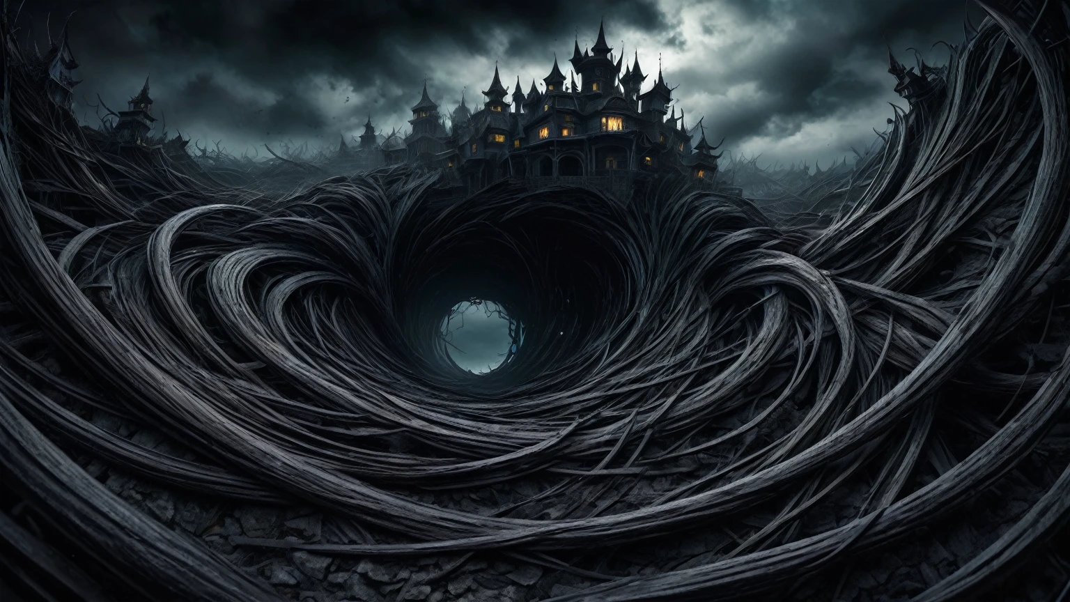 twisted And distorted dark realm of nightmares, panoramic background, horror