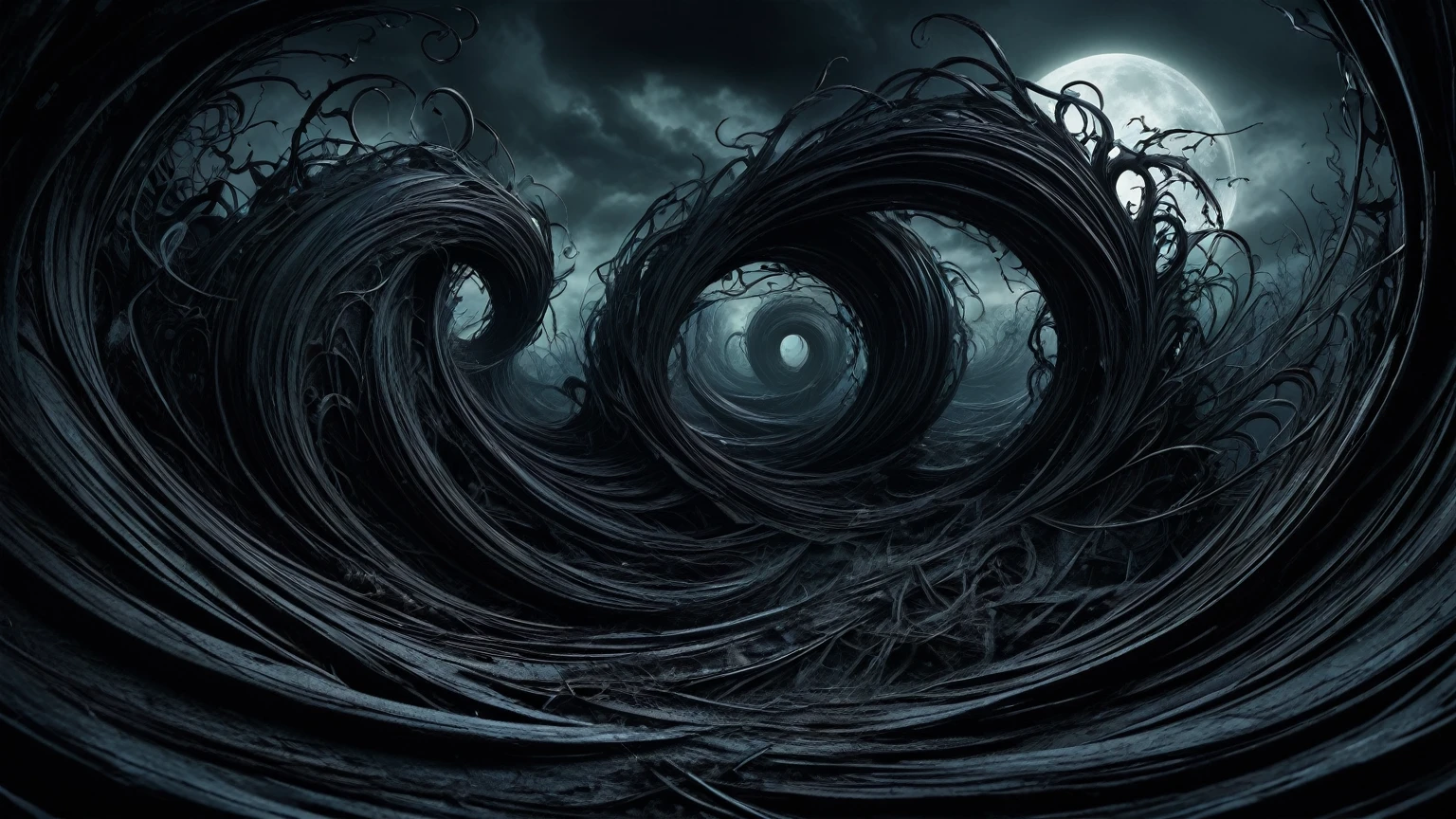twisted And distorted dark realm of nightmares, panoramic background, horror