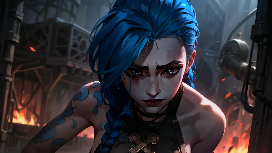 (masterpiece, Best quality), 1 girl, portrait, very sexy, crazy look, smile, crying, pink tears, tears on the cheeks, tears from eyes, full length (full body 1.1.), очень feminine, fighting stance, battle, fire, explosions, burning city, Beautiful waist, gloomy composition, flame, fire, Flash, very beautiful, feminine, long hair, hair braided in long braids, very sexy, tight leather pants, emphasis on the eyes, face accent, Beautiful face, Hands, Hair, Haired ponytail, red purple eyes, Джинкс crying, Blue cloud tattoo, (masterpiece, Best quality), Side lighting, beautiful detailed eyes, crazy face), (Best quality), (masterpiece), magic photography, Spectacular lighting, Photorealism, ultra detailed, интимная portraitная композиция, 1. 4,8 k UHD, aesthetic, Cd., A high resolution, 8 k, better lighting, Best shade, Ultra-HD, A high resolution, sharp focus, Complex background, Cinematic lighting, ((Landscape view)), 4K block, (better lighting), ((Cinematic lighting)),