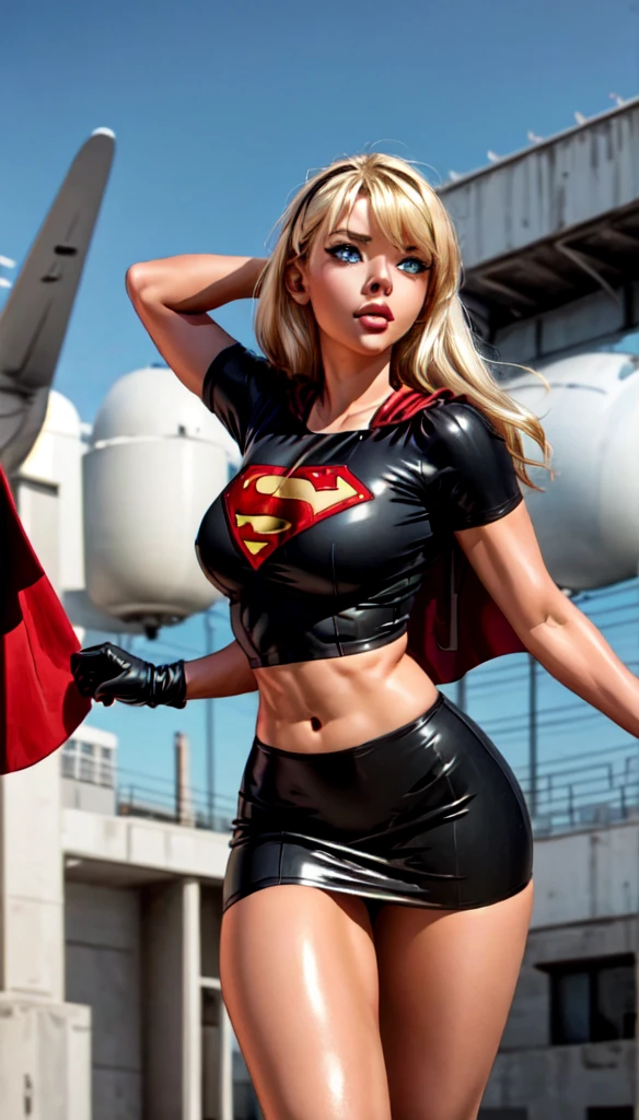 (cowboy shot), SFW, (masterpiece), (best quality: 1.0), (ultra highres: 1.0), detailed eyes, BREAK Supergirl, 1girl, long blonde hair, in the air, flying hair band, (((black\))) crop top, short sleeves, cape, black pencil skirt), gloves, boots BREAK (Famous, interview, among audiences)