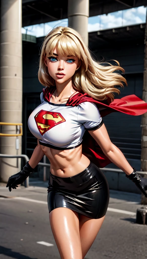 (cowboy shot), SFW, (masterpiece), (best quality: 1.0), (ultra highres: 1.0), detailed eyes, BREAK Supergirl, 1girl, long blonde hair, in the air, flying hair band, (((black\))) crop top, short sleeves, cape, black pencil skirt), gloves, boots BREAK (Famous, interview, among audiences)
