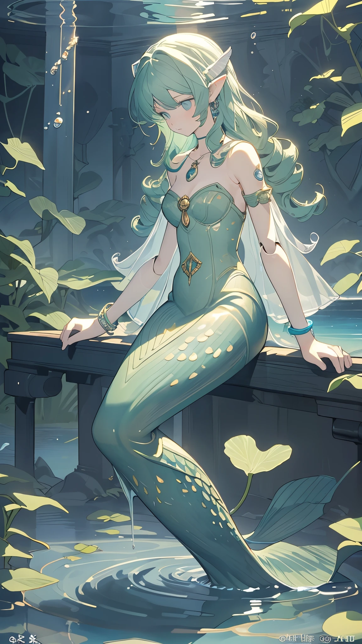 ((((Geniuine, breathtaking, hyper-realistic)))), 1girl, melancholic, sitting, (((doll knees, doll elbows, ((doll joints:1.2, action figure limbs:1.2, segmented body))), [soft, fluidShell], (segmented waist), (mermaid tail), (flowing curls:1.5), (pale complexion), (emerald eyes), (tear-shaped gems in eyes), (((ultra detailed eyes:0.8, beautiful and detailed face, detailed eyes:0.9))), ((centered)), (close up), behind viewer, (((water, aquatic plants, bubbles floating:0.9))), medium breasts, looking down, (wistful expression), ((perfect hands)), (((head:1, arms in water, tail in view, wrist band, mermaid jewelry:1.2)), (arms resting on knees), weeping eyes, beautiful lighting, underwater, aquatic atmosphere, ((defined subject)), 300 years old, (head bowed), (((quiet and mysterious)))