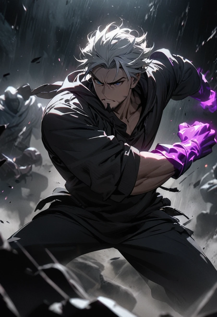 A man with black and white hair, wearing a hoodie, with a goatee, in a fighting stance, (best quality,4k,8k,highres,masterpiece:1.2),ultra-detailed ,male,hoodie,goatee,fighting stance,black and white hair,dramatic lighting,moody atmosphere,cinematic,epic,intense,powerful,muscular,dynamic pose,character design, glowing purple fist