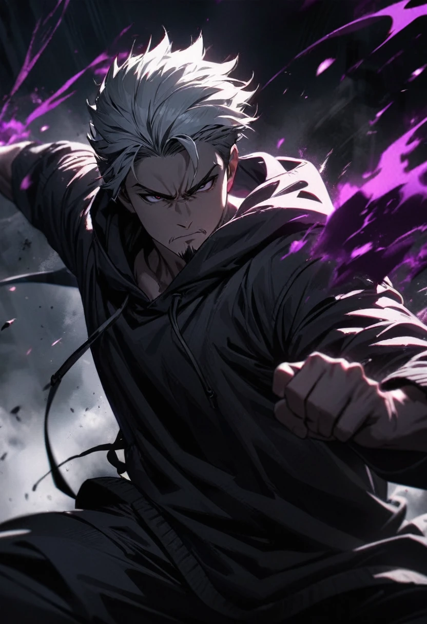 A man with black and white hair, wearing a hoodie, with a goatee, in a fighting stance, (best quality,4k,8k,highres,masterpiece:1.2),ultra-detailed ,male,hoodie,goatee,fighting stance,black and white hair,dramatic lighting,moody atmosphere,cinematic,epic,intense,powerful,muscular,dynamic pose,character design, glowing purple fist