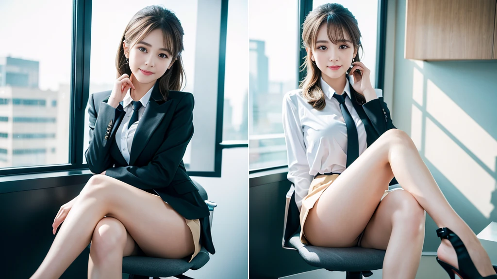 sit on the chair、noon、Bright office、paperwork、Change of clothes、jacket、Tie your hair up、Light brown hair、White suit、Short skirt、Beauty Secretary、（Very large breasts、The legs are thin and long、Perfect body、High heel、whole body、Smile）、1 female、without make-up、23 years old、（masterpiece、8K,original photo、high resolution:1.4）、The soft look enhances the woman&#39;s calm expression.。
