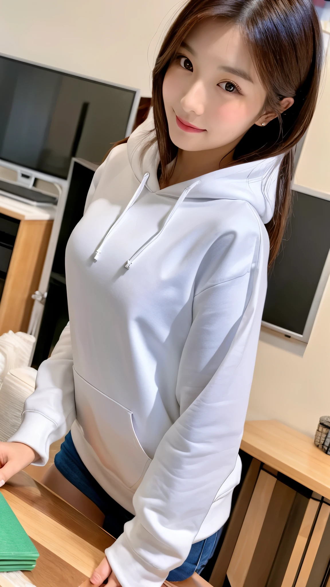 close-up of beautiful korean female, 34 inch breasts size, wearing rolled sleeves hoodie sweater, in front of the white board, UHD