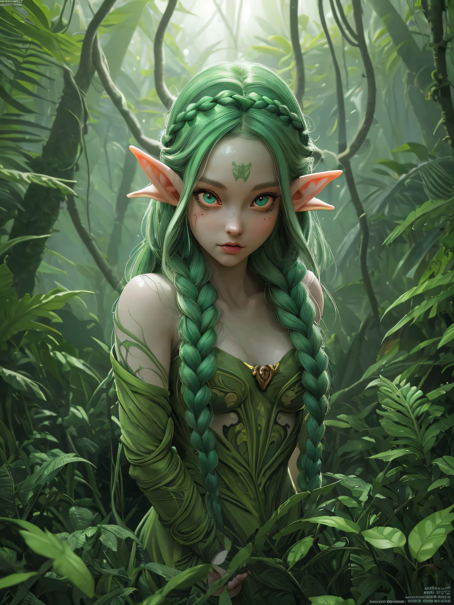 female cute elf, anatomical biometrical hands, in a jungle, two braid hair, wearing elf dress, cute face, full body, (hyper detailed eyes, hyper detailed face), 16k, 8k, RAW photo, best quality, masterpiece, high detail RAW color photo, dramatic lighting, cinematic lighting, back light, professional lighting