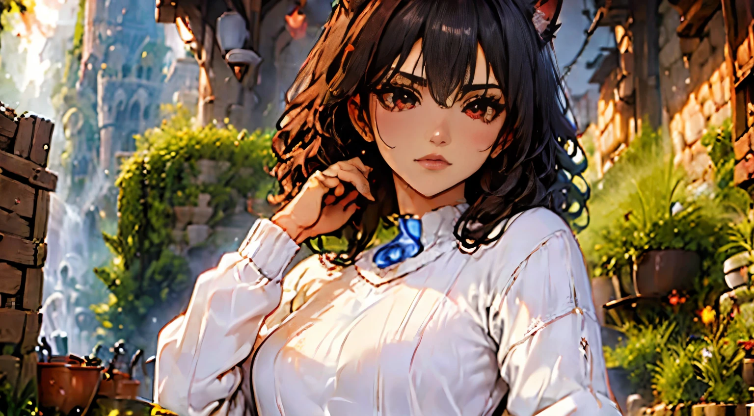 1neocruz man with curly hair, long black hair and freshly cut beard, Brown eyes. // inside the office // next to a beautiful 1junkotvv woman with glasses, wavy black fur, cat ears and red eyes.