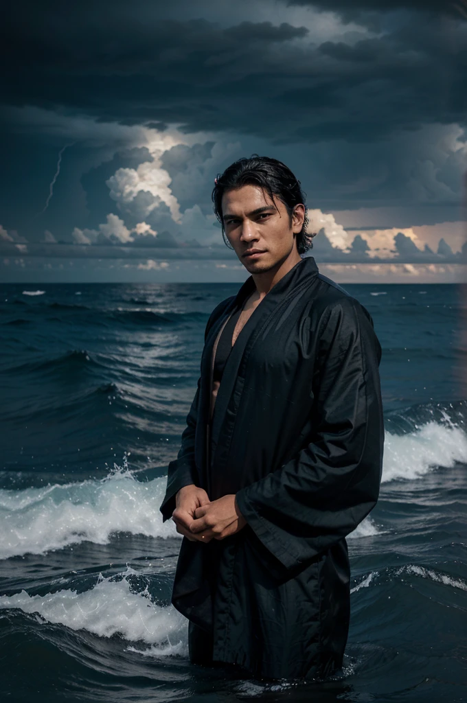 (masterpiece, best quality), (1 man, age 20), black eye, jet black hair. faded with sideburns, Style-GravityMagic, Alone, (whole body: 0,6), looking down, background details, facial details, ( Tema LightningMagicAI: 1.1), dark wizard, a serene jet black and dark blue robe, Black magical energy swirled in the air, know, folklore, bushes, dark clouds in hand, bright black waves in the background, mknow gelap misterius, bioluminesensi samar , subtle atmosphere,