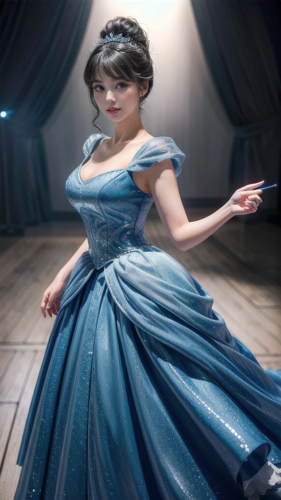 ((1 girl)), masterpiece, (high quality, Best Rendering), (beautiful girl, Cinderella), hot, Dental floss, Perfect body, 4K HD, Disney Princesses,Pretty Princess, long, 修long双腿, Large Breasts, Sexy pose, Wear it with dresses, Vibrant colors, Cartoon princess and tabernacle in blue dress, She has white skin, Cinderella, Disney Characters, Disney Characters style, Disney Princess, Anime Princess, fantasy, Formal wear, Fancy backgrounds，（8K，RAW Photos），（best quality），（masterpiece松散），（Practical，）（写実的でPractical），（high resolution），Ultra Detail，（Mild realism：1.1），Pretty Face， （1 female：1.1），high resolution), (8K), (Very detailed), (4K), (Pixif), Perfect face, Beautiful eyes and face, (最high quality), (Very detailed), Detailed face and eyes, (Solitary), Textured Skin, absurd, high resolution,