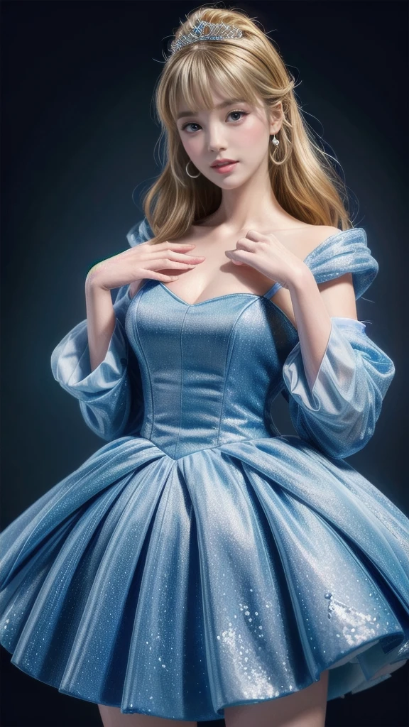 ((1 girl)), masterpiece, (high quality, Best Rendering), (beautiful girl, Cinderella), hot, Dental floss, Perfect body, 4K HD, Disney Princesses,Pretty Princess, long, 修long双腿, Large Breasts, Sexy pose, Wear it with dresses, Vibrant colors, Cartoon princess and tabernacle in blue dress, She has white skin, Cinderella, Disney Characters, Disney Characters style, Disney Princess, Anime Princess, fantasy, Formal wear, Fancy backgrounds，（8K，RAW Photos），（best quality），（masterpiece松散），（Practical，）（写実的でPractical），（high resolution），Ultra Detail，（Mild realism：1.1），Pretty Face， （1 female：1.1），high resolution), (8K), (Very detailed), (4K), (Pixif), Perfect face, Beautiful eyes and face, (最high quality), (Very detailed), Detailed face and eyes, (Solitary), Textured Skin, absurd, high resolution,