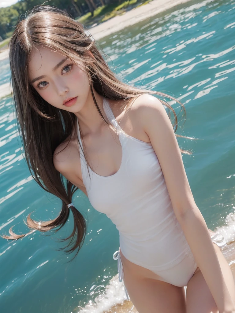 girl:1 person, ((Highly detailed skin), Beautiful realistic face, White skin, Pointed Chest, Erect nipples, Perfect Anatomy, Realistic eyes, Very beautiful eyes, Precise focus for both eyes), (Hyper Realist, Ultra-realistic, 4K, Attention to detail, Ultra-high resolution, Highest quality, masterpiece, before, dynamic, bold, Sharpness), (Thinning hair:2), (Soft Hair:2), (Straight hair:1.5), length, sleek bangs, Hair on one eye, (Swimsuitを着る:1.5), Swimsuitの輝き, Racing Swimwear, Competitive swimming suits, ハイレグSwimsuit, 金 competition swimsuit, Silver'Swimsuit, Swimsuit, (| purple| metallic| latex| leather|}Water coloring), Poolside, Big Breasts:1.2, Looking into the camera, expensive, Long, slender arms and legs, On all fours, teeth thrusting, teeth sticking out, Accentuate your butt, Her swimsuit is digging into her ass, behind, return, Recall, teeth, whole body, Put your chest together, Accentuate your breasts,