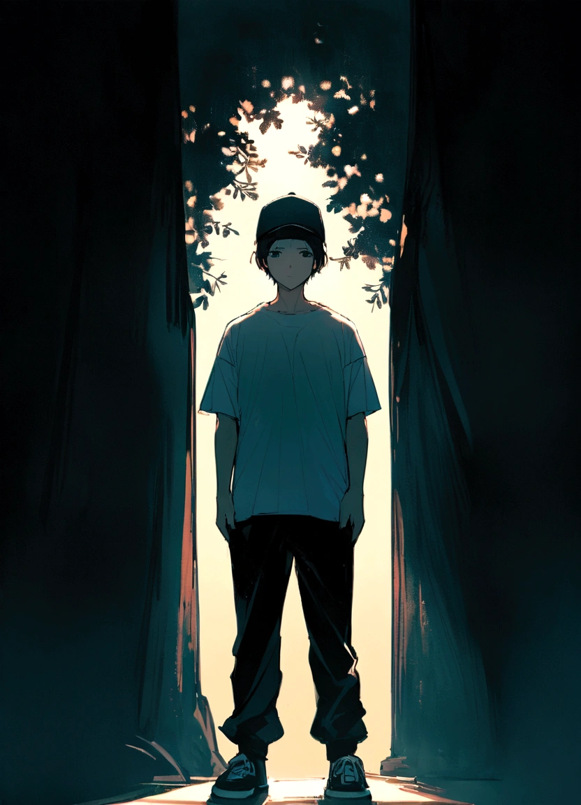 Age 35,male, alone, Black Hair,Short Hair,Berry Short,無地のWhite T-shirt,No bangs,White T-shirt, Black sweatpants, Dark Background, Ambient Lighting,Wearing a black cap,Plain black cap,Standing in front and looking straight at the camera、Full of confidence、Hands on hips、Is giving a presentation、Standing with your legs apart,Standing directly in front of you、It&#39;s in up to the top of my head