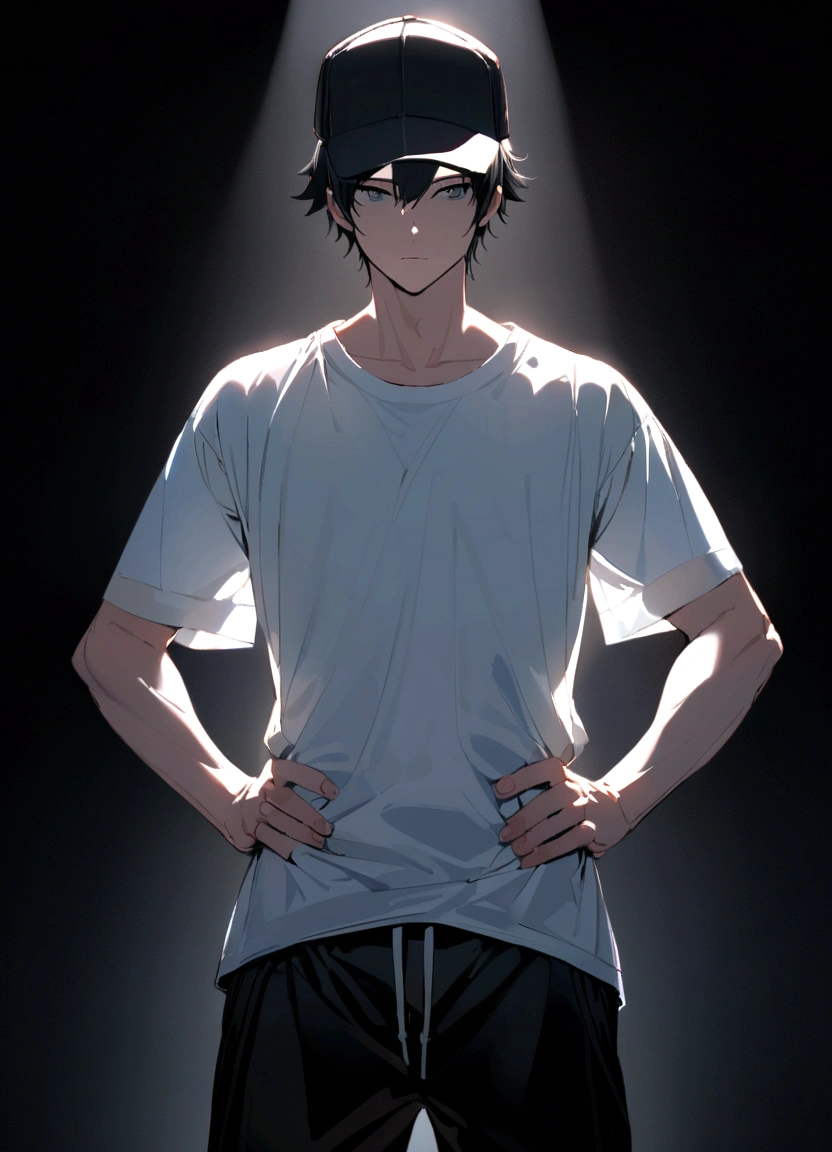 Age 35,male, alone, Black Hair,Short Hair,Berry Short,無地のWhite T-shirt,No bangs,White T-shirt, Black sweatpants, Dark Background, Ambient Lighting,Wearing a black cap,Plain black cap,Standing in front and looking straight at the camera、Full of confidence、Hands on hips、Is giving a presentation、Standing with your legs apart,Standing directly in front of you、It&#39;s in up to the top of my head
