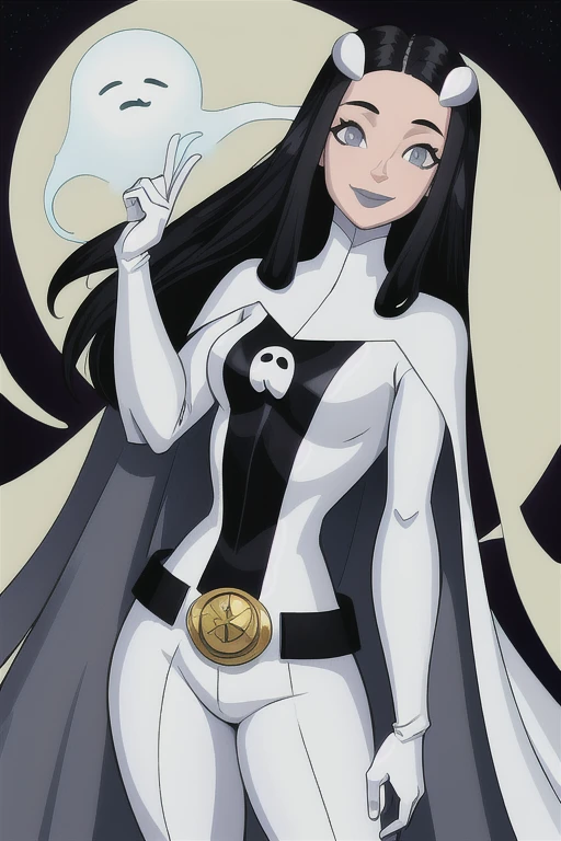 8k,highres,absurdres,masterpiece,best quality,original,extremely detailed CG,extremely detailed wallpaper,perfect, Phantom girl, Tinya Wazzo, solo, girl1, long black hair, bodysuit. grey eyes, smile, white hair ornament, ghost logo, grey lips, belt, white cape, white gloves, best quality, masterpiece, cowboy shot, park