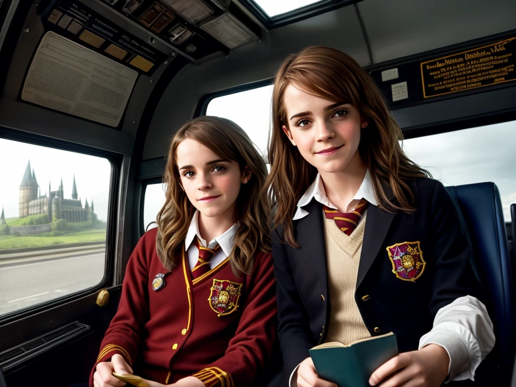 Emma Watson wearing Hermione Granger Uniform from harry potter and Daniel Radcliffe wearing Gryffindor uniform. they both sit on a bus driver cockpit smiling and Emma Watson is holding the steering wheel. There is window on the bus, the window on the bus have hogwarts castle in the background. There is some magic items in the bus cockpit as well