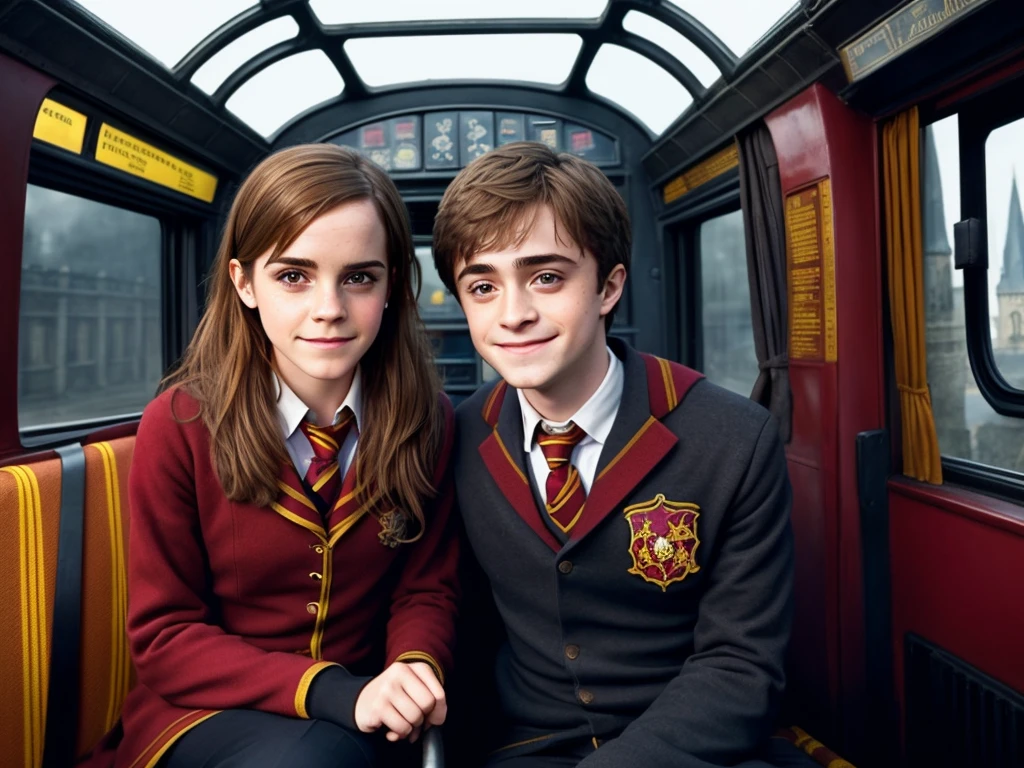 Emma Watson wearing Hermione Granger Uniform from harry potter and Daniel Radcliffe wearing Gryffindor uniform. they both sit on a bus driver cockpit smiling and Emma Watson is holding the steering wheel. There is window on the bus, the window on the bus have hogwarts castle in the background. There is some magic items in the bus cockpit as well