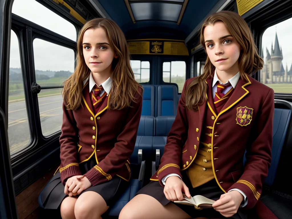 Emma Watson wearing Hermione Granger Uniform from harry potter and Daniel Radcliffe wearing Gryffindor uniform. they both sit on a bus driver cockpit smiling and Emma Watson is holding the steering wheel. There is window on the bus, the window on the bus have hogwarts castle in the background. There is some magic items in the bus cockpit as well