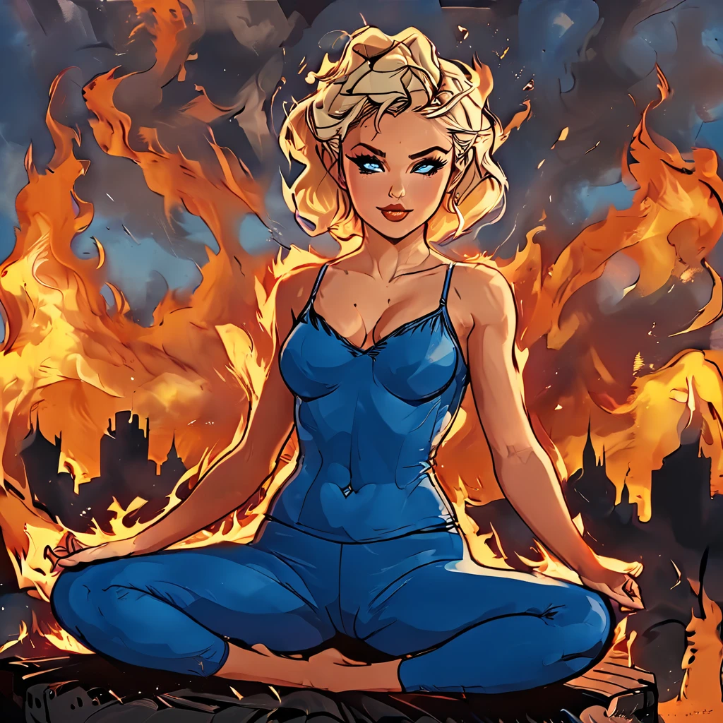 
((side view)), girl sitting on the fire against the background of fire, open mouth, 
 sitting on the flame, fire, side view girl sits in the lotus position, fiery sky, skyline, only fire, smoke,
girl in blue Half top wrestler and blue Elastic shorts look at the side, adult, [Nordic], Hourglass elongated fitness body, perfect Olive skin, Oval Face, Long neck, Rounded shoulders, perfect hand,  Attached Pointed ears, round forehead, Short blonde Waves pixie hair, snub nose, Arched eyebrows, Monolid blue Eyes, High Round Narrow cheekbones, Dimpled Cheeks, Rounded Chin, Rounded Jawline, Fine Puppet Wrinkles, Full nude Lips, (blue eyes), Nude Makeup Look, long eyelashes,  third breast size,  
 graphic style of novel comics, 
2d, 8k, iMax, hyperrealism, masterpiece, high resolution, best quality, ultra-detailed, super realistic, Hyperrealistic art, high-quality, ultra high res, highest detailed, lot of details, Extremely high-resolution details, incredibly lifelike, colourful, 