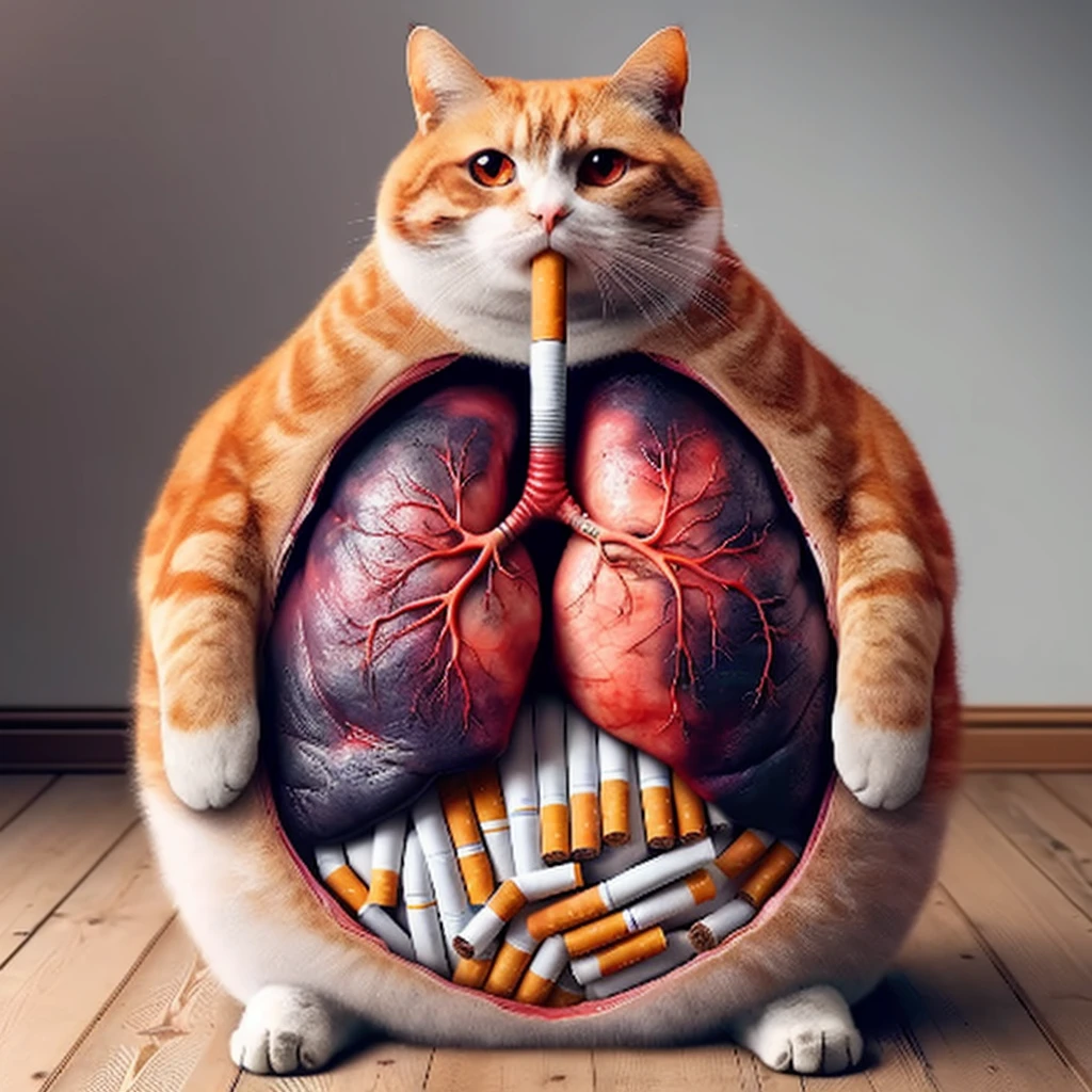 arafed cat sitting on a wooden floor with a cigarette in its mouth, cat smoking a cigarette, Cat smoking a cigar, Fat Cat, Fat Cat superhero, Surreal illustration, Surreal illustration, obesity ), Big Mouth Cat, Surreal illustration, smoking body, cigarettes, highly realistic photograph, morbidly obesity, Hyperrealistic illustrations, obesity, cigarette