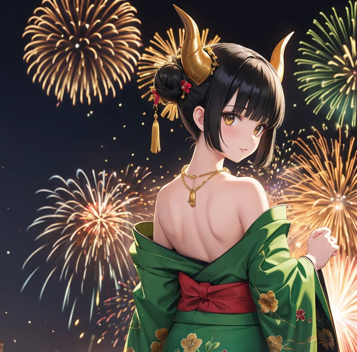 1 person、Green gorgeous kimono、,race,Black Hair、Short bun hair、hair ornaments、necklace、back、Golden devil horns、Anatomically correct,Fireworks in the night sky、