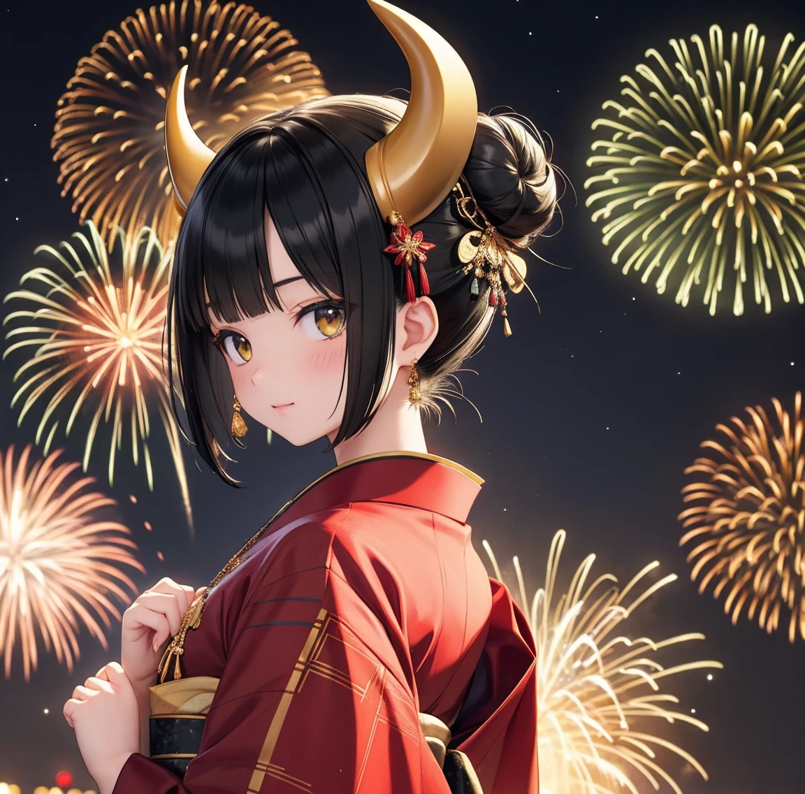 1 person、Green gorgeous kimono、,race,Black Hair、Short bun hair、hair ornaments、necklace、back、Golden devil horns、Anatomically correct,Fireworks in the night sky、