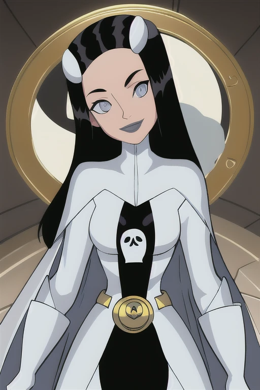 8k,highres,absurdres,masterpiece,best quality,original,extremely detailed CG,extremely detailed wallpaper,perfect, Phantom girl, Tinya Wazzo, solo, girl1, long black hair, bodysuit. grey eyes, smile, white hair ornament, ghost logo, grey lips, belt, white cape, white gloves, best quality, masterpiece, cowboy shot, park