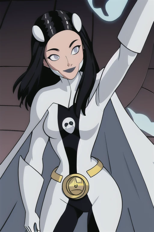 8k,highres,absurdres,masterpiece,best quality,original,extremely detailed CG,extremely detailed wallpaper,perfect, Phantom girl, Tinya Wazzo, solo, girl1, long black hair, bodysuit. grey eyes, smile, white hair ornament, ghost logo, grey lips, belt, white cape, white gloves, best quality, masterpiece, cowboy shot, park