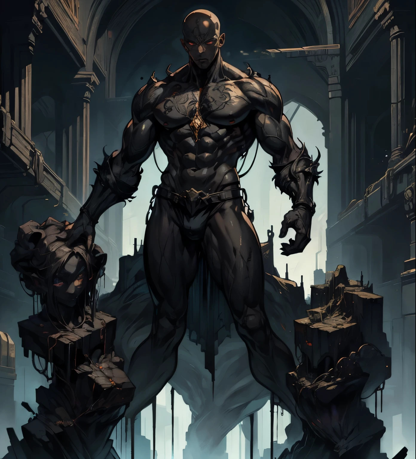 Man, homunculus, build, fantasy, uniform, pale skin, hairless, iron veins, resin drips, Brilliant eyes