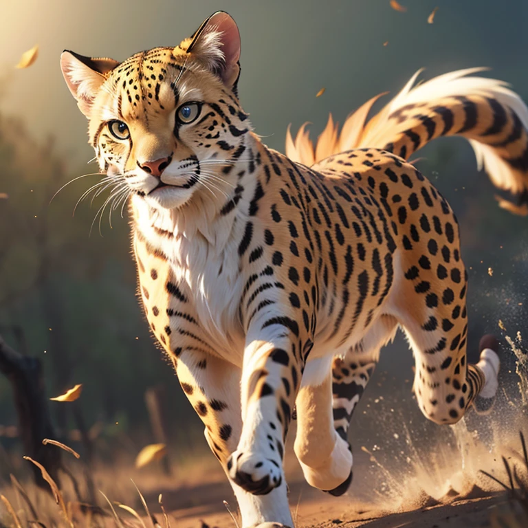 a cheetah, detailed realistic fur texture, animal in the wild, running through the savanna, detailed facial features, sharp claws, muscular body, dynamic motion blur, golden hour lighting, vibrant colors, photorealistic, highly detailed, 8k, (best quality,4k,8k,highres,masterpiece:1.2),ultra-detailed,(realistic,photorealistic,photo-realistic:1.37)