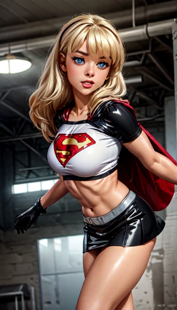 (cowboy shot), SFW, (masterpiece), (best quality: 1.0), (ultra highres: 1.0), detailed eyes, BREAK Supergirl, 1girl, long blonde hair, in the air, flying hair band, (((black\))) crop top, short sleeves, cape, black pencil skirt), gloves, boots BREAK (Famous, interview, among audiences)
