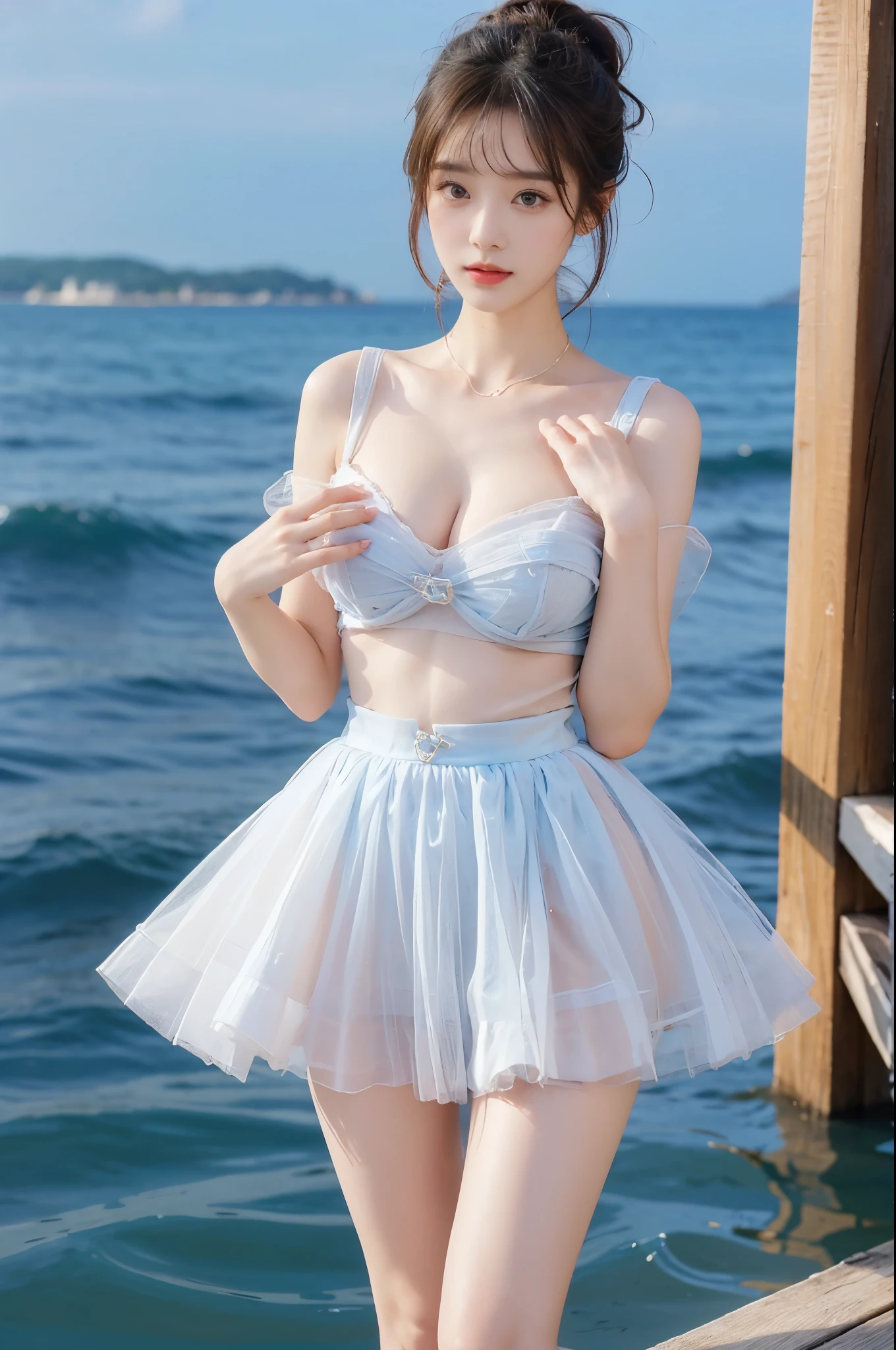 Sweet girl clothes8,(gem:1.3), (Beauty, beautiful),zydG, Have a perfect body:1.4,Layered Hairstyle,((Large Breasts)), ((D cup)), Visible cleavage,Bare shoulders, Highly detailed face and skin texture,Double eyelids,Skin Whitening,Long hair,Whitening long legs,Standing by the sea, Fashion Girl, Red lips, Sweet Girl, Beautiful makeup, detail, lifelike, Very detailed, Astonishing, beautiful, Young and energetic, high quality,HD, Colorful,Beautifully, Smooth skin, The skirt is very short, Lifting the skirt with hands, Elegant and charming gesture, Official Art, Extremely detailed, Movie atmosphere, Soft colors, Natural skin texture,