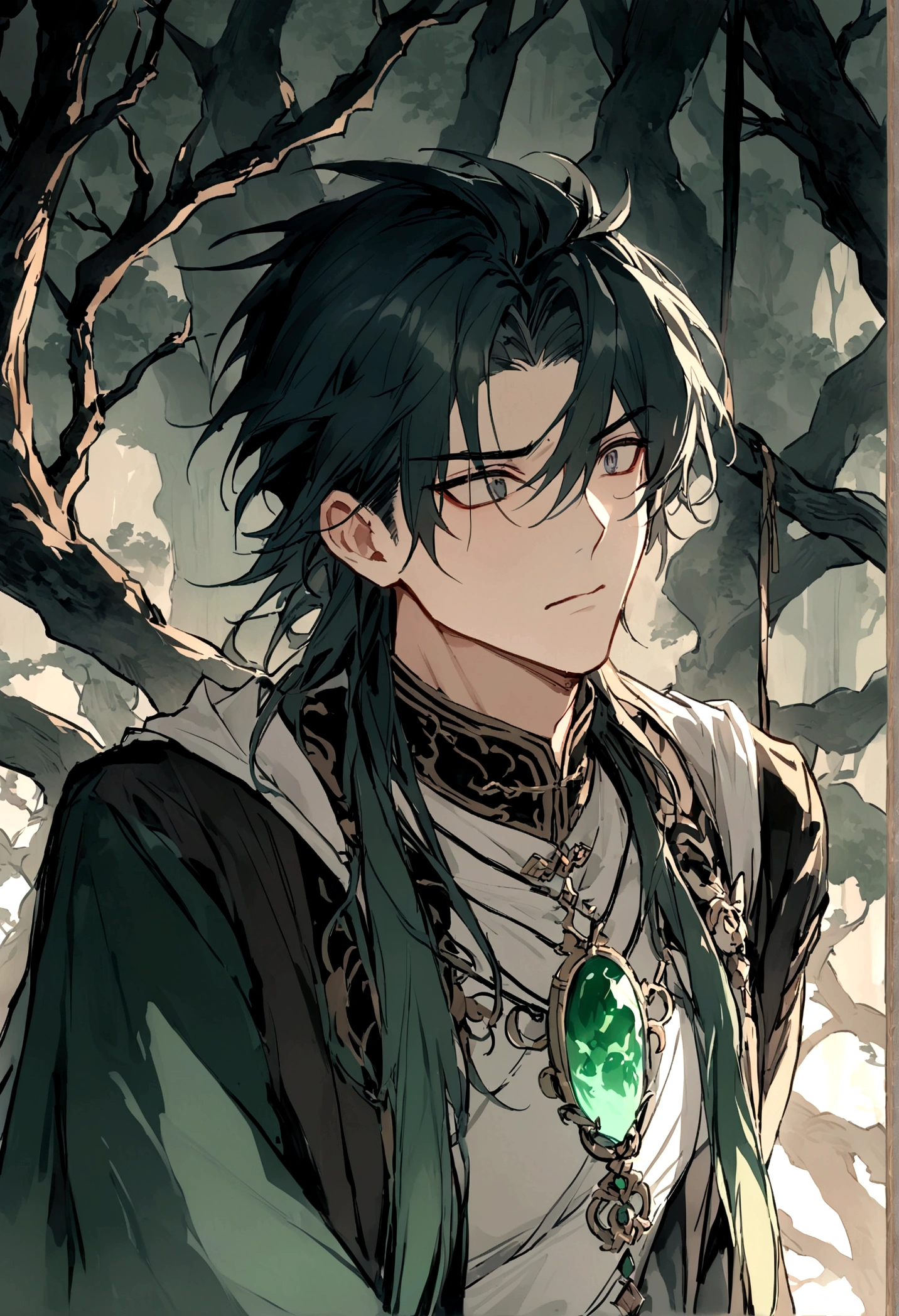 Mysterious forest,Shandong(((ancient cave))),((Young male)),Handsome,Worn clothes,Shocked expression,Looking at the jade pendant in the sky,Jade pendant in silvery light,Dazzling,dream,((神秘dream的场景))style,Chinese style,Immortal World,Xianxia World
