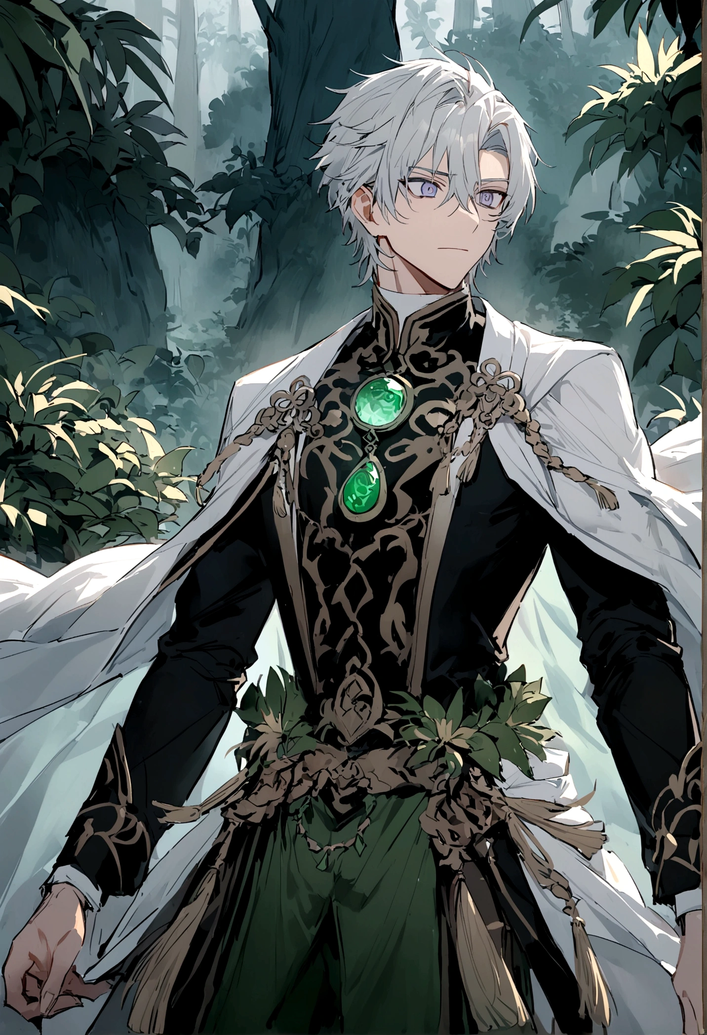 Mysterious forest,Shandong(((ancient cave)))，((Young male)),Handsome，Worn clothes，Shocked expression，Looking at the jade pendant in the sky，Jade pendant in silvery light，Dazzling，dream，((神秘dream的场景））style，Chinese style，Immortal World，Xianxia World