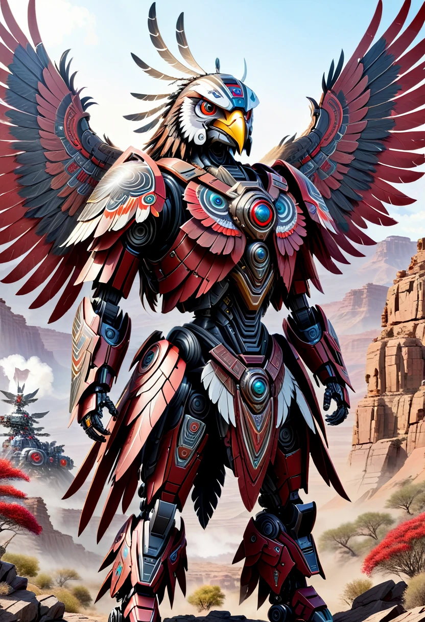 A majestic red Indian Apache-style droid mecha stands tall in the heart of a rugged, outdoor landscape. The mecha, adorned with intricate tribal patterns and feathers, proudly wears an eagle on its shoulder. The eagle's wings are spread wide, as if ready to take flight.