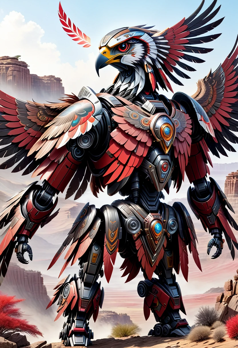 A majestic red Indian Apache-style droid mecha stands tall in the heart of a rugged, outdoor landscape. The mecha, adorned with intricate tribal patterns and feathers, proudly wears an eagle on its shoulder. The eagle's wings are spread wide, as if ready to take flight.