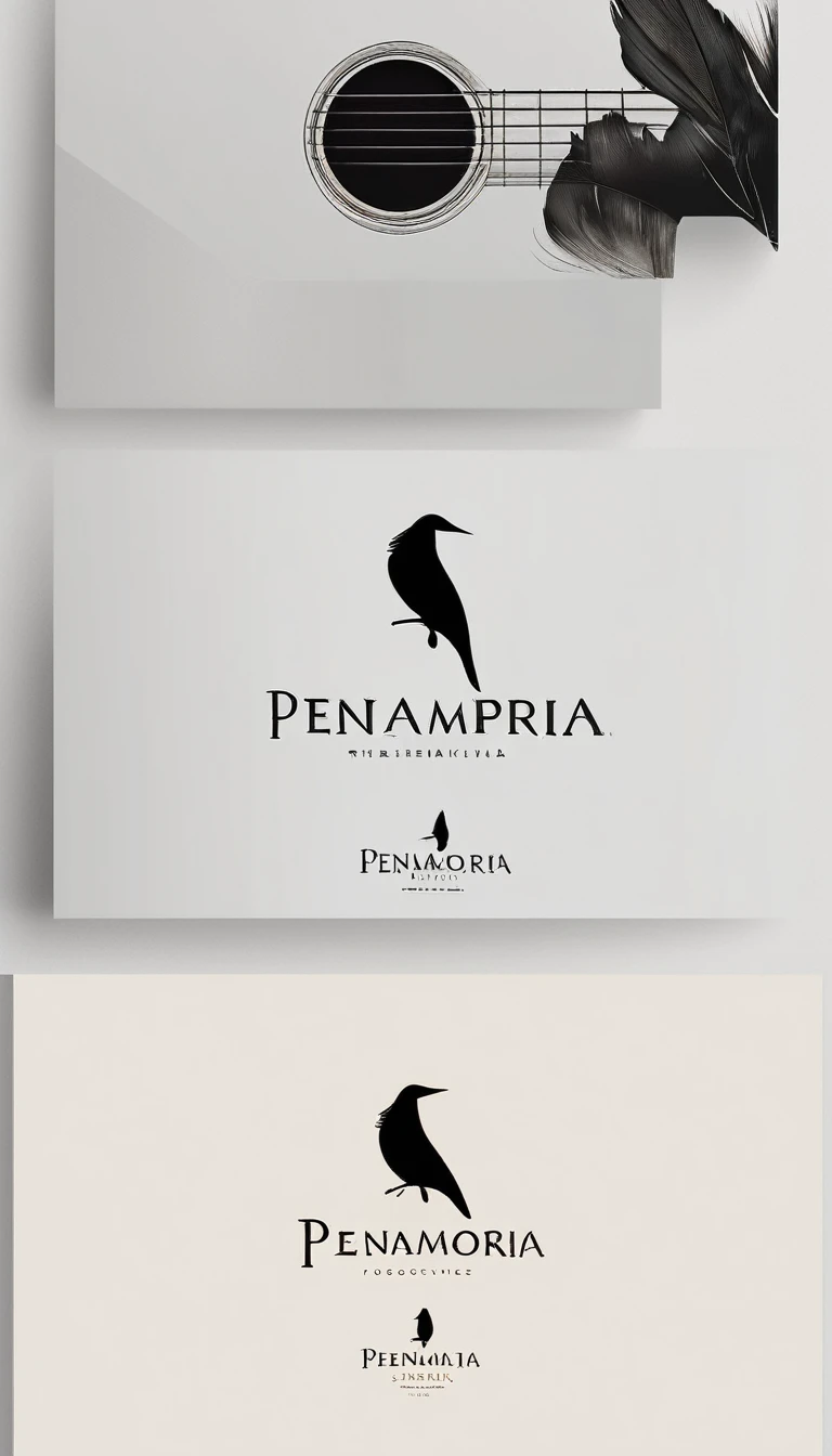 A minimal, modern, simple, cinematic logotype for the brand “Penamemoria". The logotype must be a simple, magical feather and a boy playing acoustic guitar. The logo must convey a sense of music, stories and dreams. Logo design impressed on a book cover. Minimalistic logo