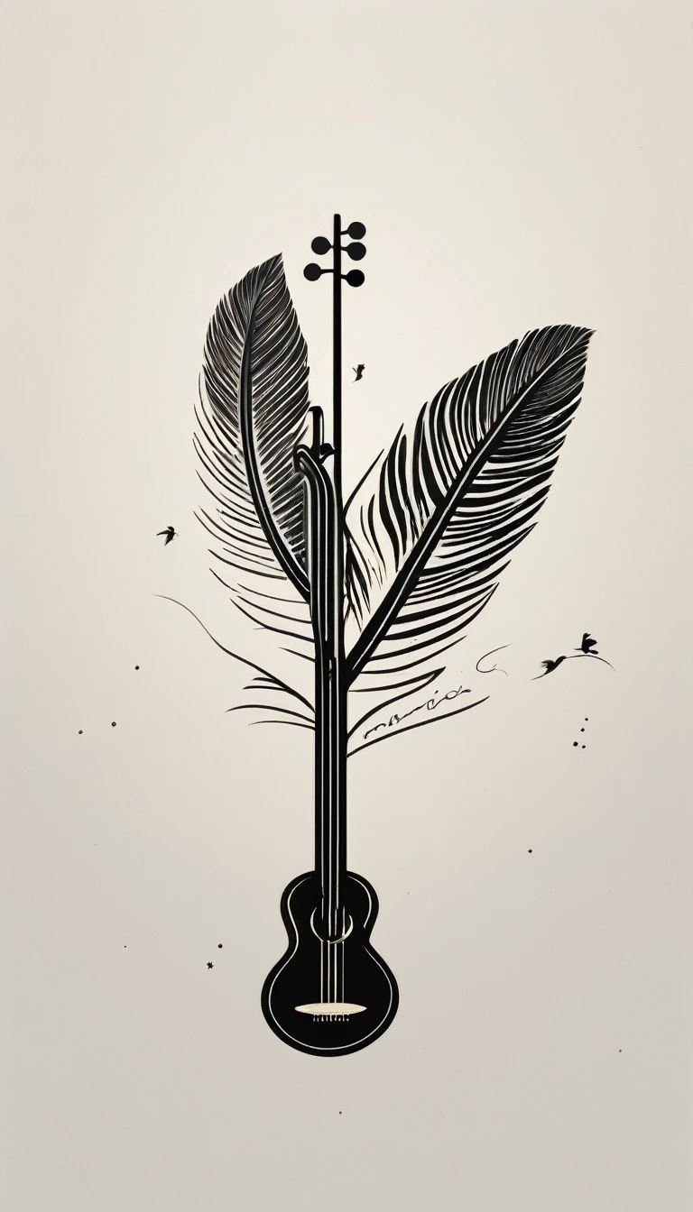 A minimal, modern, simple, cinematic logotype for the brand “Penamemoria". The logotype must be a simple, magical feather and a boy playing acoustic guitar. The logo must convey a sense of music, stories and dreams. Logo design impressed on a book cover. Minimalistic logo
