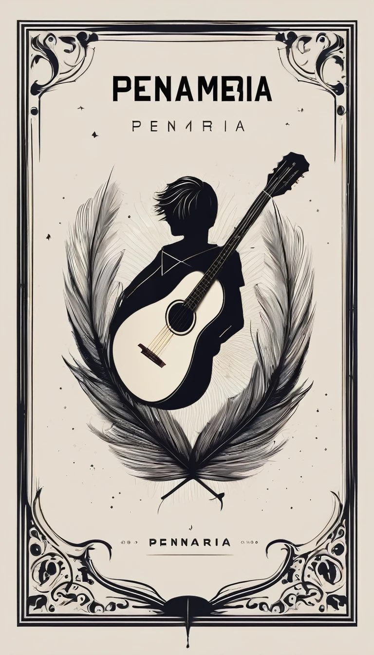 A minimal, modern, simple, cinematic logotype for the brand “Penamemoria". The logotype must be a simple, magical feather and a boy playing acoustic guitar. The logo must convey a sense of music, stories and dreams. Logo design impressed on a book cover. Minimalistic logo
