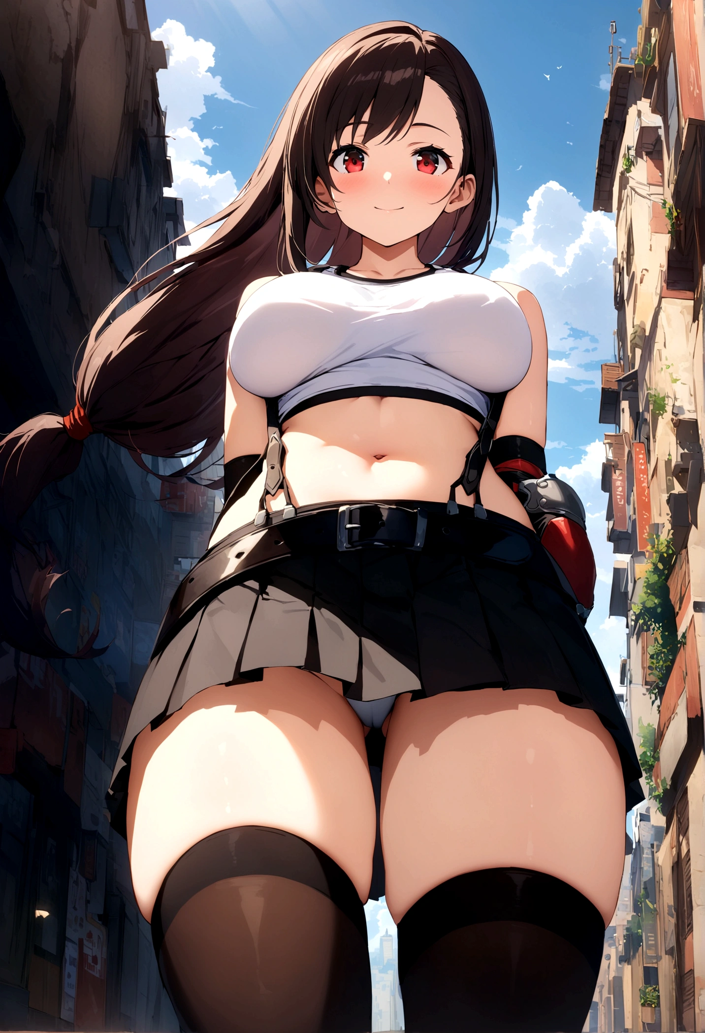 score_9, score_8_up, score_7_up,score_6, score_5,4k,BREAK , (from front:1),from below,breast focus,standing,straight-on,walking,arms behind back,(mediumshot),looking_at_viewer ,1girl, tifa lockhart, final fantasy, tareme,black hair, low-tied long hair, red eyes, bangs, (white tank top, belt, pleated skirt, thighhighs, elbow fingerless gloves, elbow pads, midriff, navel,suspender skirt) ,(large_breast),(light smile),Curvy waist,,Solo,,(daytime and beachside and city),detailed skin,(best quality),(aesthetic,very aesthetic),UHD,HDR,intricate detailed,anime,highly detailed,sharp focus,depth of field,,professional lighting,cinematic lighting, ,