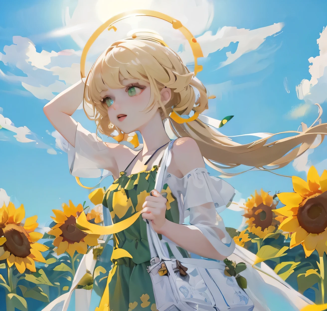 (high quality) (best quality) (a woman) (correct physiognomy) Woman, blonde hair with bangs on her forehead, Flower crown on her head, green eyes, tender lips, middle age, olive green summer dress with print of flowers, location of the photo, the woman must be in the middle of a field of sunflowers, lighting of the photo: sunlight, proportion from head to hips..