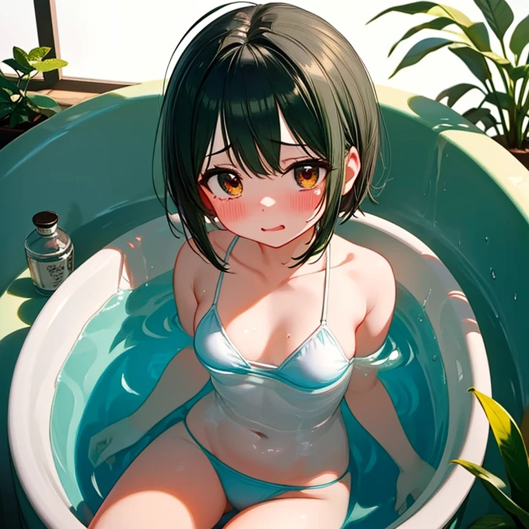 masterpiece,Highest quality,Very detailed,A girl bathing in hot water,Scared,Panic,The pupils constrict,shout,Raise your eyebrows,Are crying,Eyes Wide Open, Swimsuit, One piece swimsuit, White swimsuit, Idolmaster Shiny Colors, Nanakusa nichika, Dark green hair, Short Hair, Watery eye, Feeling embarrassed, blush, torture, whole body, Thighs, hot water bath, Bright red skin, Glowing skin