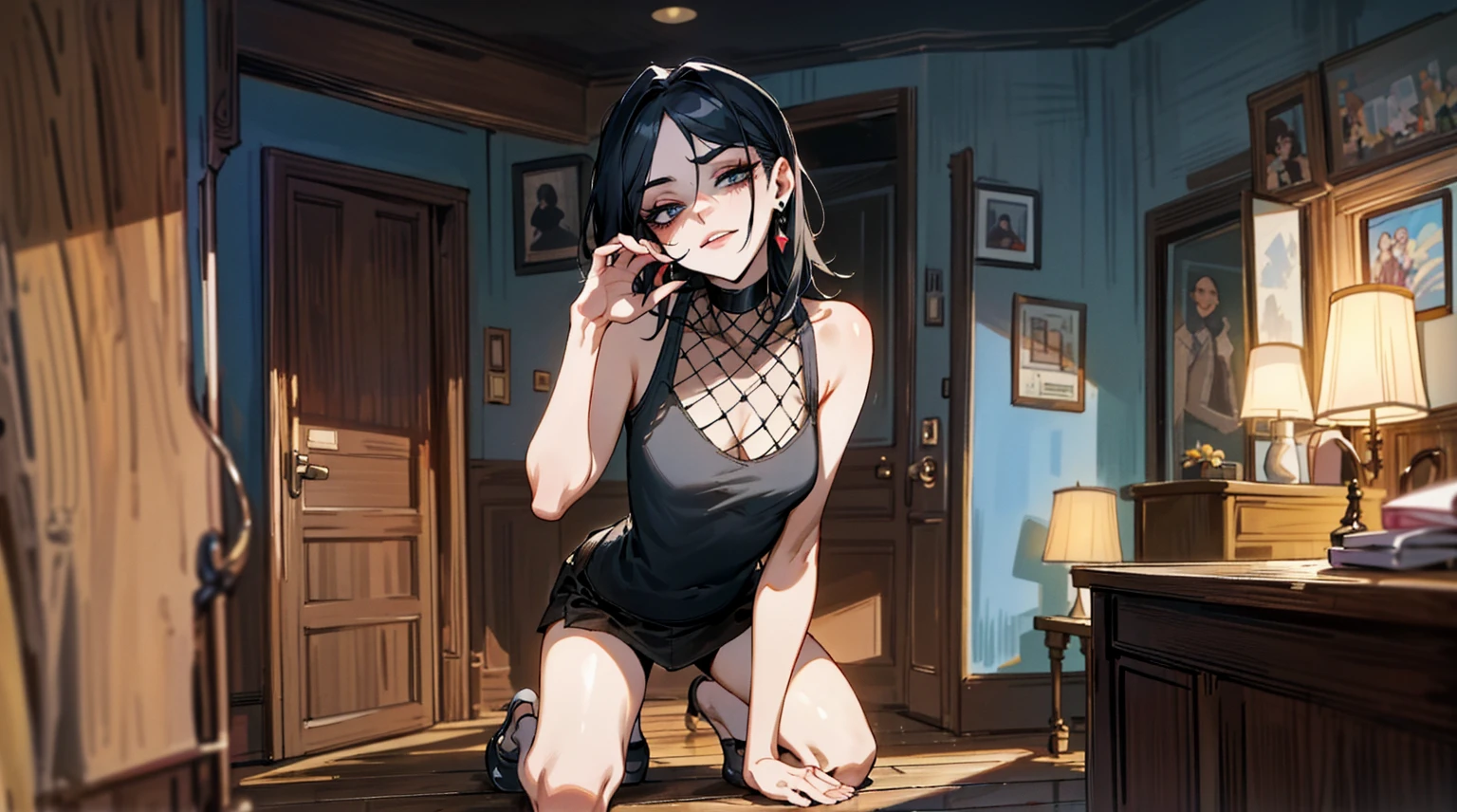 (best quality,masterpiece:1.2,detailed details,4k),A dim old apartment, a small birthday cake on an old wooden table, a modern apartment, an alarm clock on the wall, an anime scene,
A girl with modern gothic makeup, fair skin, modern clothes, black eyeshadow, a tank top, a sexy body, earrings and lip studs, fishnet stockings, posing in an attractive pose, kneeling on the wooden floor, a loving expression
Upward shot