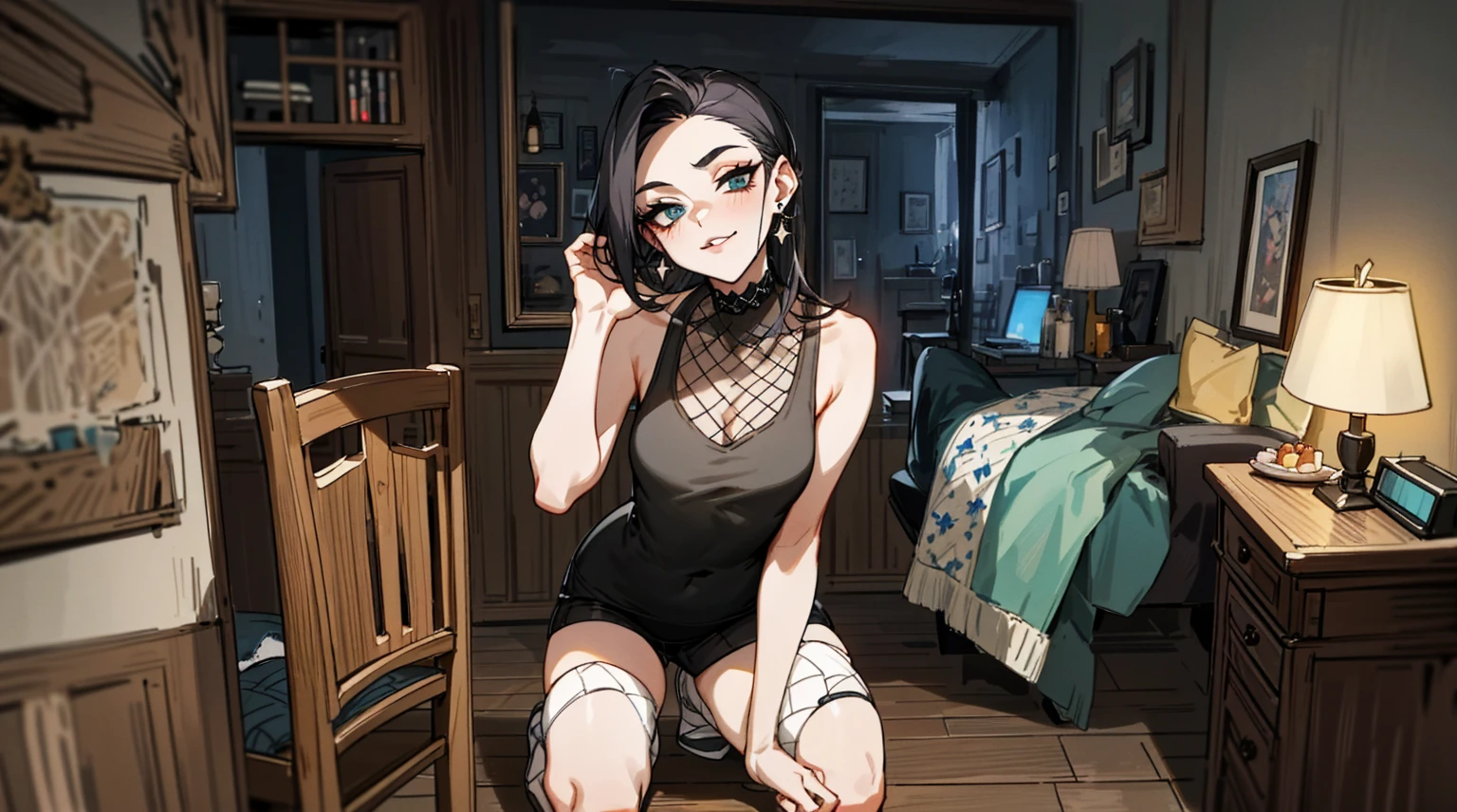 （best quality，masterpiece：1.2，detailed details，4k），A dim old apartment, a small birthday cake on an old wooden table, a modern apartment, an alarm clock on the wall, an anime scene,
A girl with modern gothic makeup, fair skin, modern clothes, black eyeshadow, a tank top, a sexy body, earrings and lip studs, fishnet stockings, posing in an attractive pose, kneeling on the wooden floor, a loving expression
Upward shot