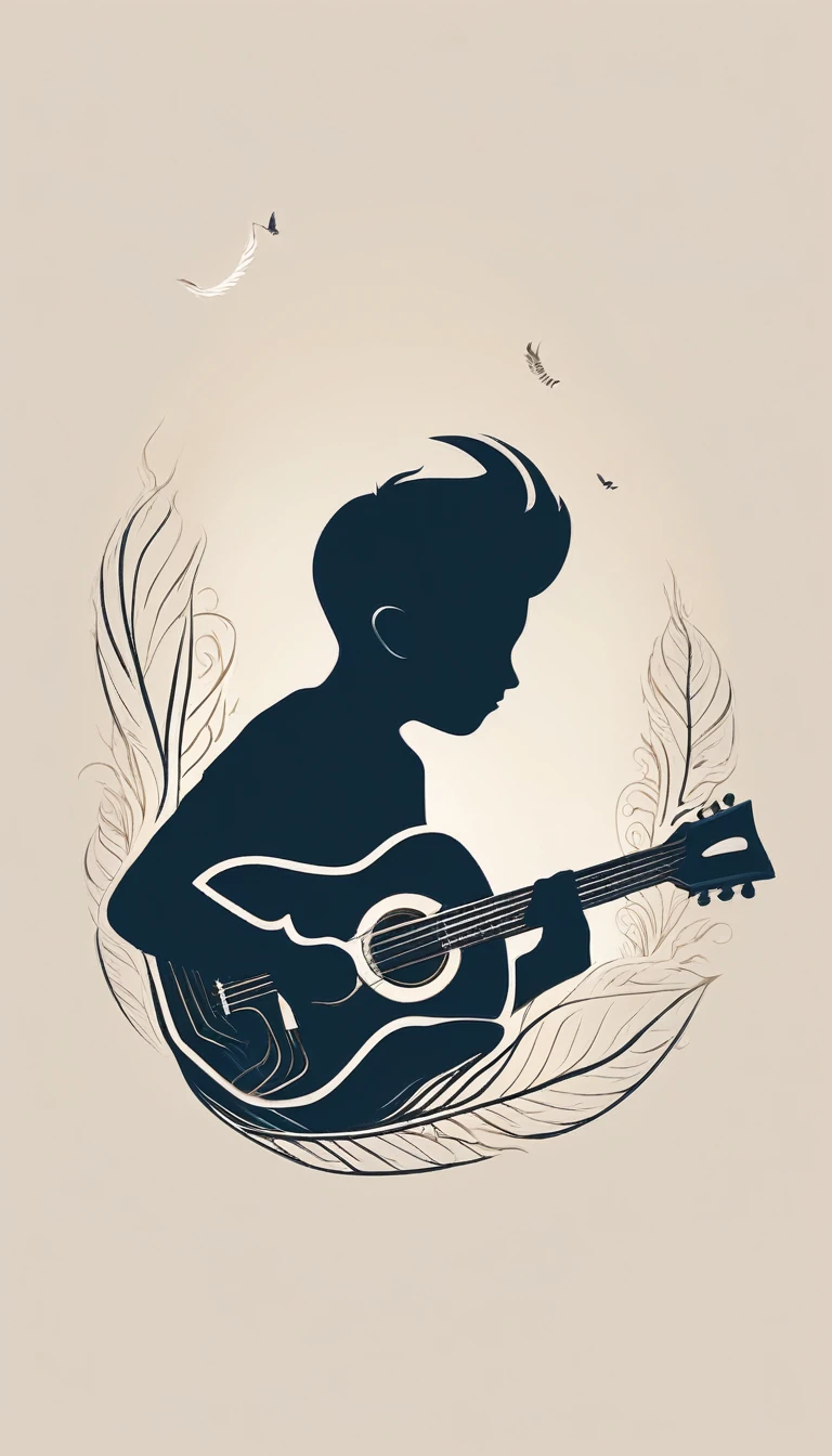 A minimal, modern, simple, cinematic logotype for the brand “Penamemoria". The logotype must be a simple, magical feather and a boy playing acoustic guitar. The logo must convey a sense of music, stories and dreams. Logo design impressed on a book cover. Minimalistic logo