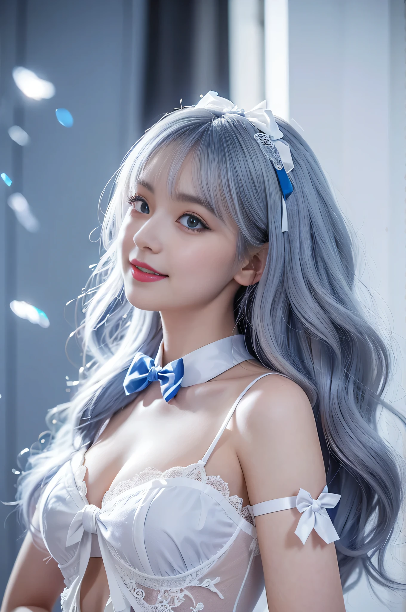 girl,single,Long hair,Looking at the audience,Bangs,blue eyes,Bow,Ribbon,Upper Body,White hair,Bow,bow tie,Lips,eyelash,蓝Bow,白Bow,Lace,curls,lifelike,Smiling,Transparent Clothes,Colorful particles,Large Breasts,