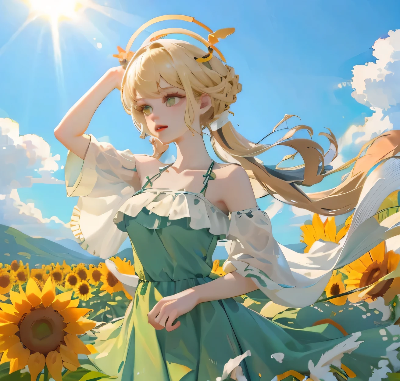 (high quality) (best quality) (a woman) (correct physiognomy) Woman, blonde hair with bangs on her forehead, Flower crown on her head, green eyes, tender lips, middle age, olive green summer dress with print of flowers, location of the photo, the woman must be in the middle of a field of sunflowers, lighting of the photo: sunlight, proportion from head to hips..