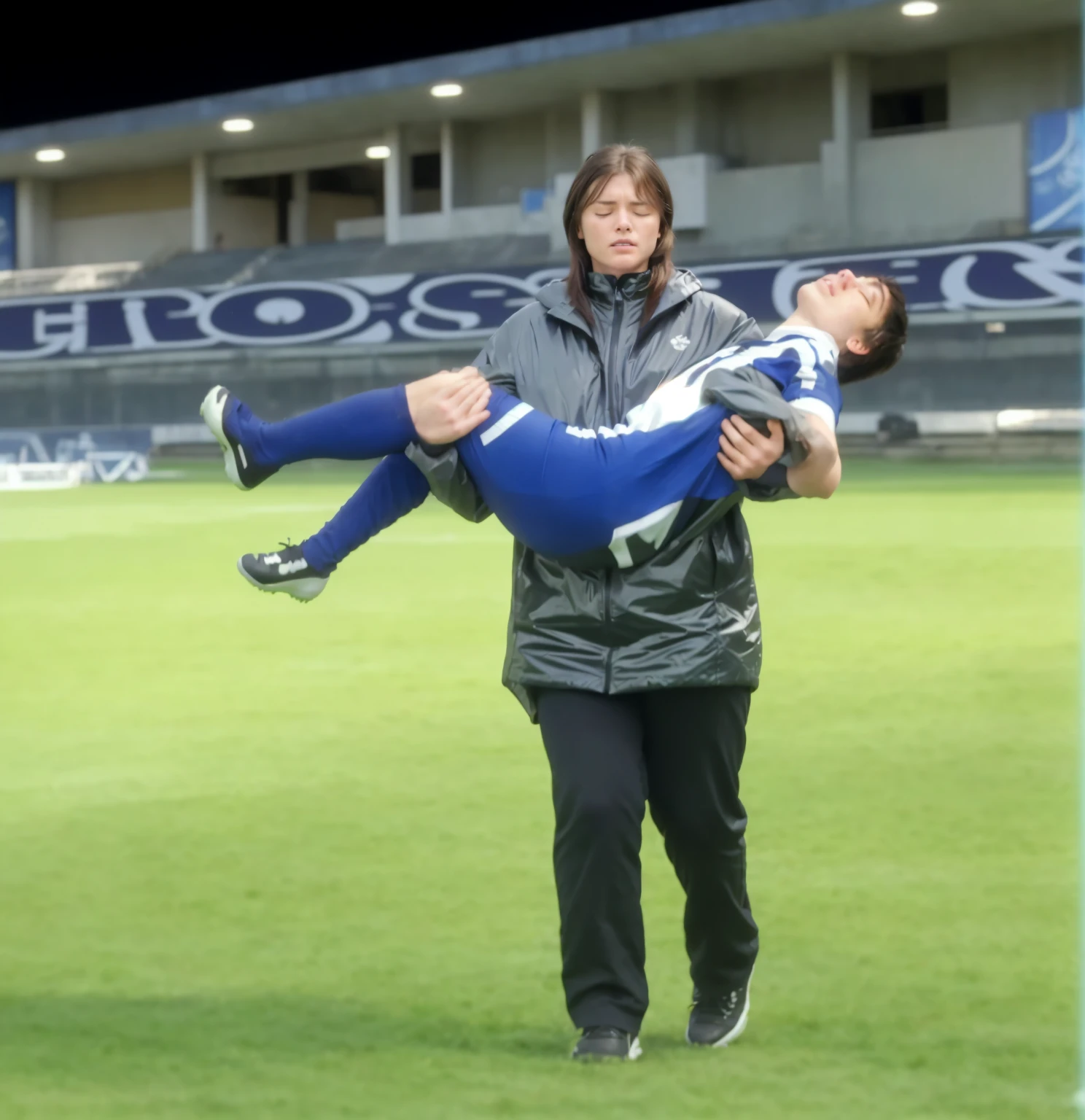 soccer action pose, cradle-carry-pose, Erste help in einem Sportstadion, affection pose, lecherous action pose, dramatic action pose, theatralic pose, There is an attractive long-haired woman, a wounded athlete in her arms, There is a beautiful long-haired woman in a shiny black outfit, who carries a short-haired young footballer in her arms, a long-haired beautiful woman in a high-gloss black down coat, a long-haired woman in a shiny black coat, A woman wears a short-haired man, Wearing a matte cotton sports outfit, a weak man in matte cotton sports shorts is consciousless and needs to be carried, A short-haired man with closed eyes is carried by a long-haired woman, a woman looks very scared and terrified, a consciousless man with closed eyes is suffering very much and has a very painful face, photoshot, photoshotshooting, photographed , accident, help, aid, Erste help, pity